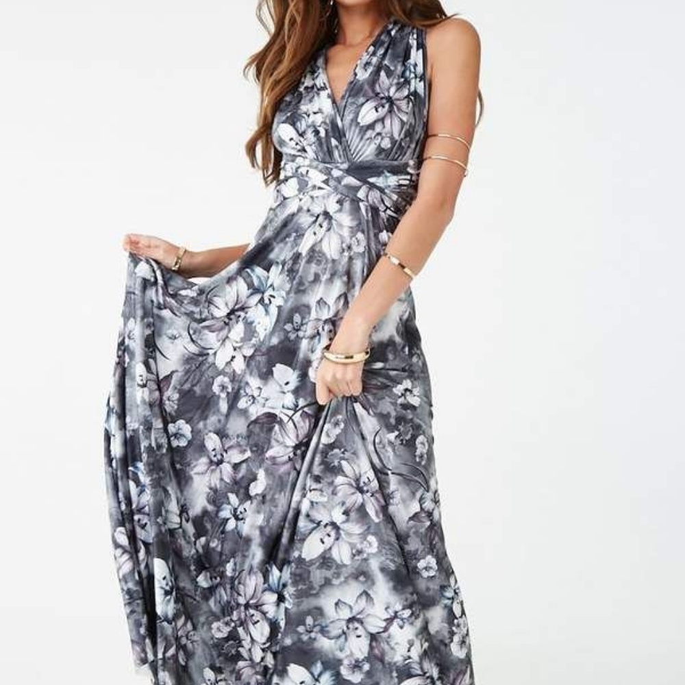 L'atiste Forever21 Floral Wrap Halter Dress Grey